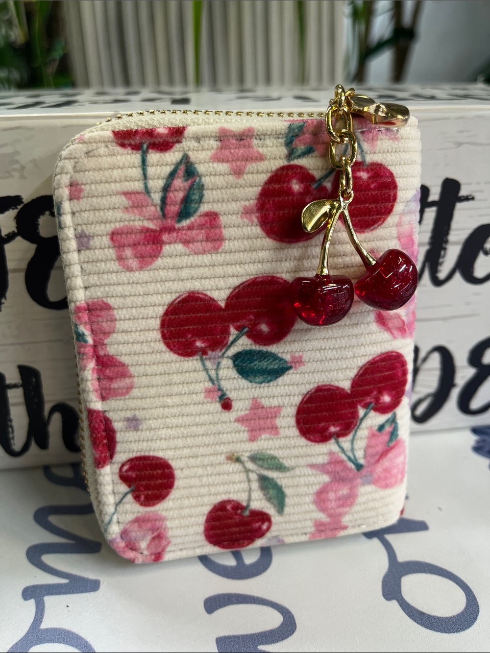Cherry Print Corduroy card holder with Cherry Charm